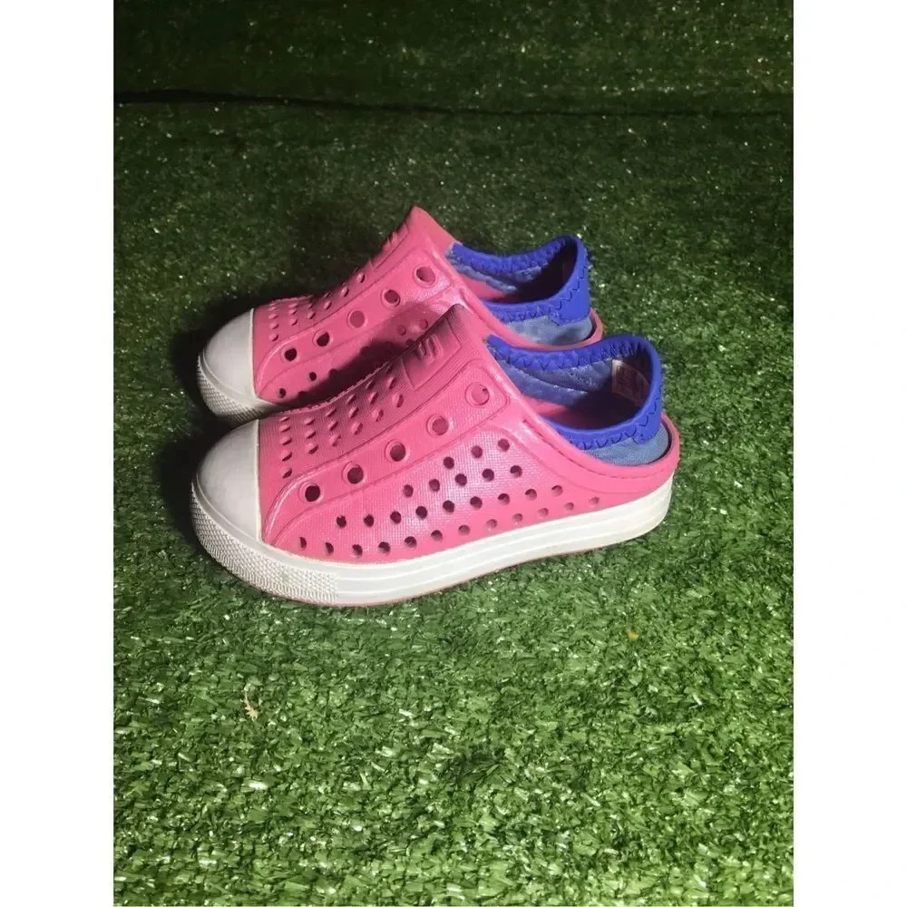 Kids Skechers sandals size 7c 86958 pink/white rubber cap toe shoes water